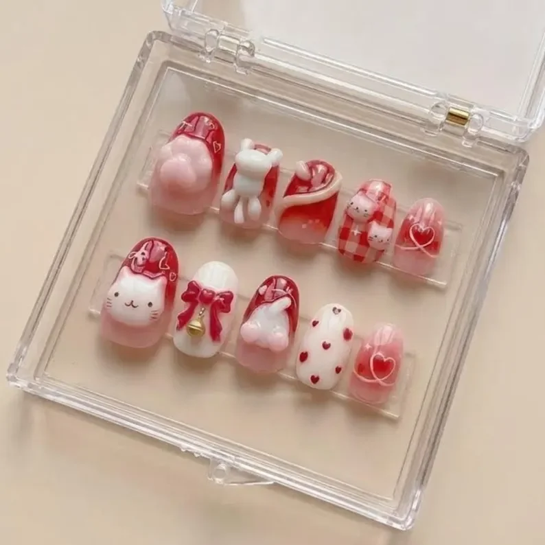 3D Kawaii Cat, Press On Nails, press on nails, custom press on nails, fake nails, Nails Art, stained glass nails, gold press on nails, 3d press on nails, luxury press on nails, handmade press on nails