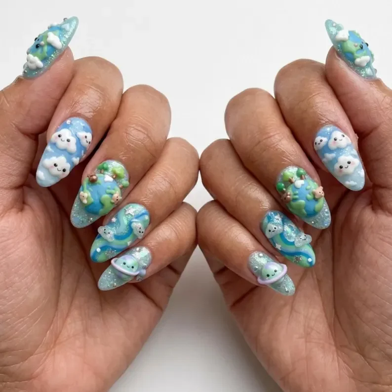Cloud nail art, Earth lover nails, press on nails, custom press on nails, fake nails, Nails Art, stained glass nails, gold press on nails, 3d press on nails, luxury press on nails, handmade press on nails