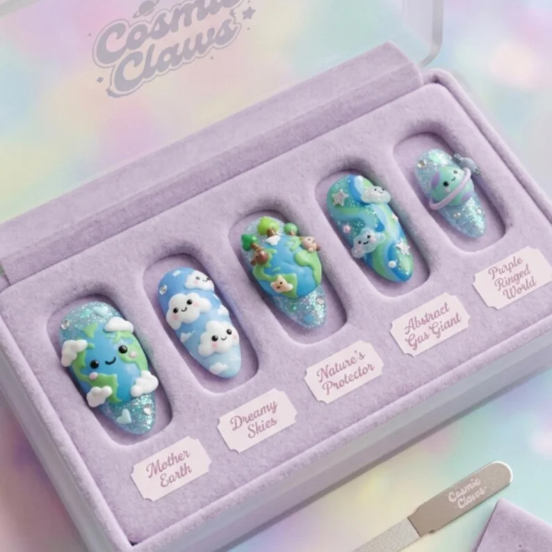 3D Kawaii Earth, Happy World nails, press on nails, custom press on nails, fake nails, Nails Art, stained glass nails, gold press on nails, 3d press on nails, luxury press on nails, handmade press on nails