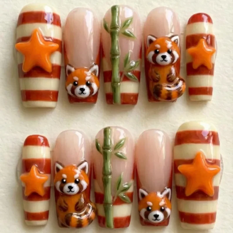 3D Kawaii Red Panda, Press On Nails, press on nails, custom press on nails, fake nails, Nails Art, stained glass nails, gold press on nails, 3d press on nails, luxury press on nails, handmade press on nails