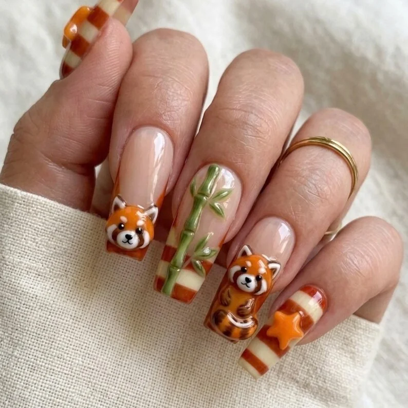 Hand Sculpted, Bamboo Nail Art, press on nails, custom press on nails, fake nails, Nails Art, stained glass nails, gold press on nails, 3d press on nails, luxury press on nails, handmade press on nails