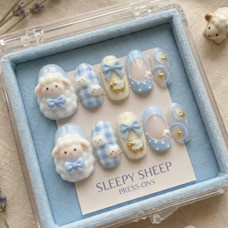 3D Kawaii Sheep, Press On Nails, press on nails, custom press on nails, fake nails, Nails Art, stained glass nails, gold press on nails, 3d press on nails, luxury press on nails, handmade press on nails