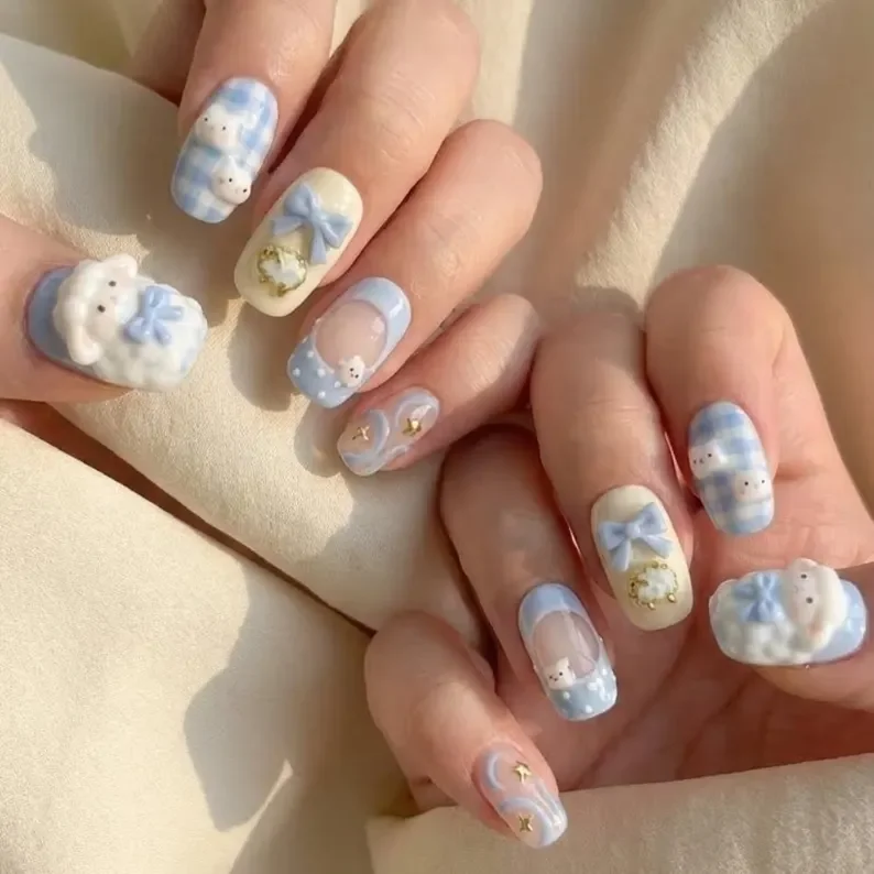 Baby Blue Bow, Gingham Coquette, press on nails, custom press on nails, fake nails, Nails Art, stained glass nails, gold press on nails, 3d press on nails, luxury press on nails, handmade press on nails