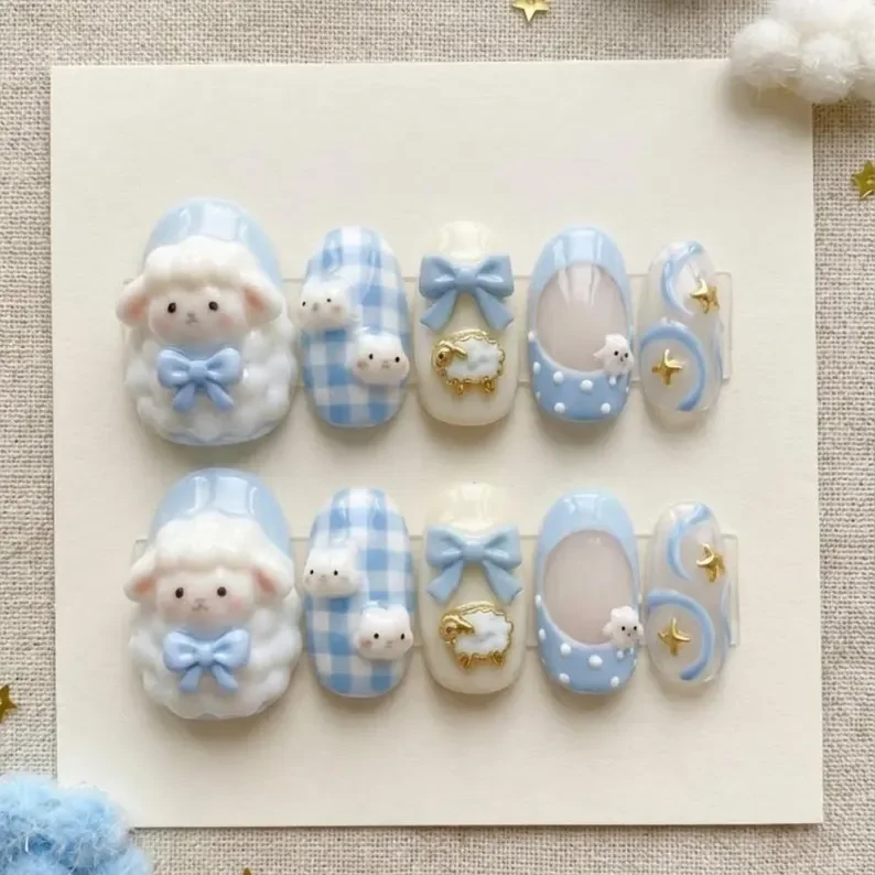 Sheep Nail Design, Kawaii Nail Set, press on nails, custom press on nails, fake nails, Nails Art, stained glass nails, gold press on nails, 3d press on nails, luxury press on nails, handmade press on nails