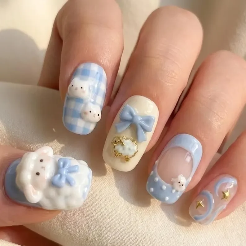 3D Kawaii Sheep, Press On Nails, press on nails, custom press on nails, fake nails, Nails Art, stained glass nails, gold press on nails, 3d press on nails, luxury press on nails, handmade press on nails
