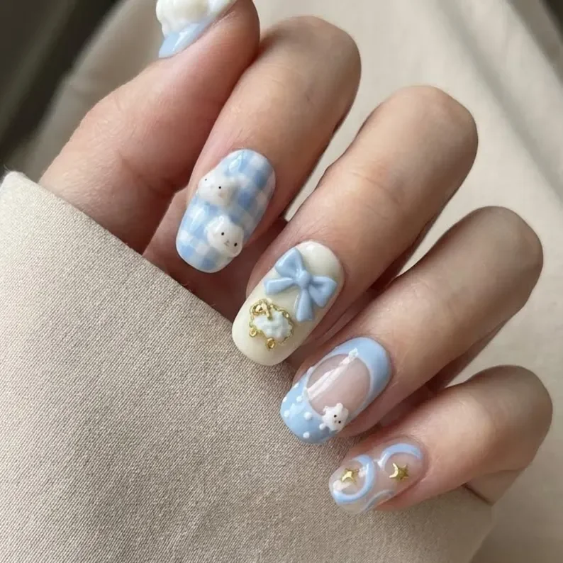Baby Blue Bow, Gingham Coquette, press on nails, custom press on nails, fake nails, Nails Art, stained glass nails, gold press on nails, 3d press on nails, luxury press on nails, handmade press on nails