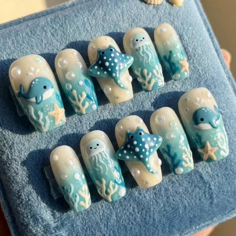 3D Kawaii nails, Under the sea, press on nails, custom press on nails, fake nails, Nails Art, stained glass nails, gold press on nails, 3d press on nails, luxury press on nails, handmade press on nails