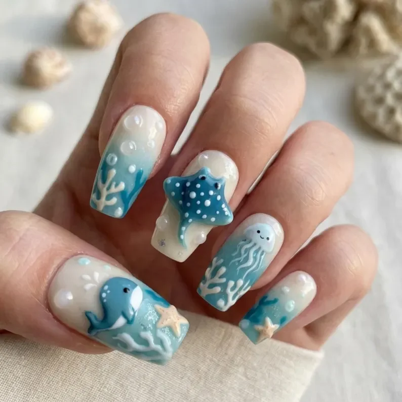 Blue ocean nails, Press on nails, press on nails, custom press on nails, fake nails, Nails Art, stained glass nails, gold press on nails, 3d press on nails, luxury press on nails, handmade press on nails