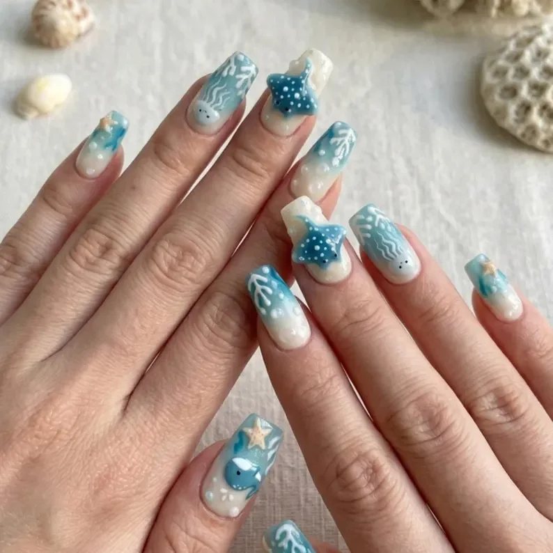 Stingray nail art, Whale nail art, press on nails, custom press on nails, fake nails, Nails Art, stained glass nails, gold press on nails, 3d press on nails, luxury press on nails, handmade press on nails