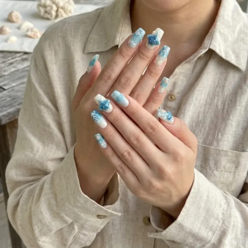 Jellyfish nail art, Ocean themed nails, press on nails, custom press on nails, fake nails, Nails Art, stained glass nails, gold press on nails, 3d press on nails, luxury press on nails, handmade press on nails