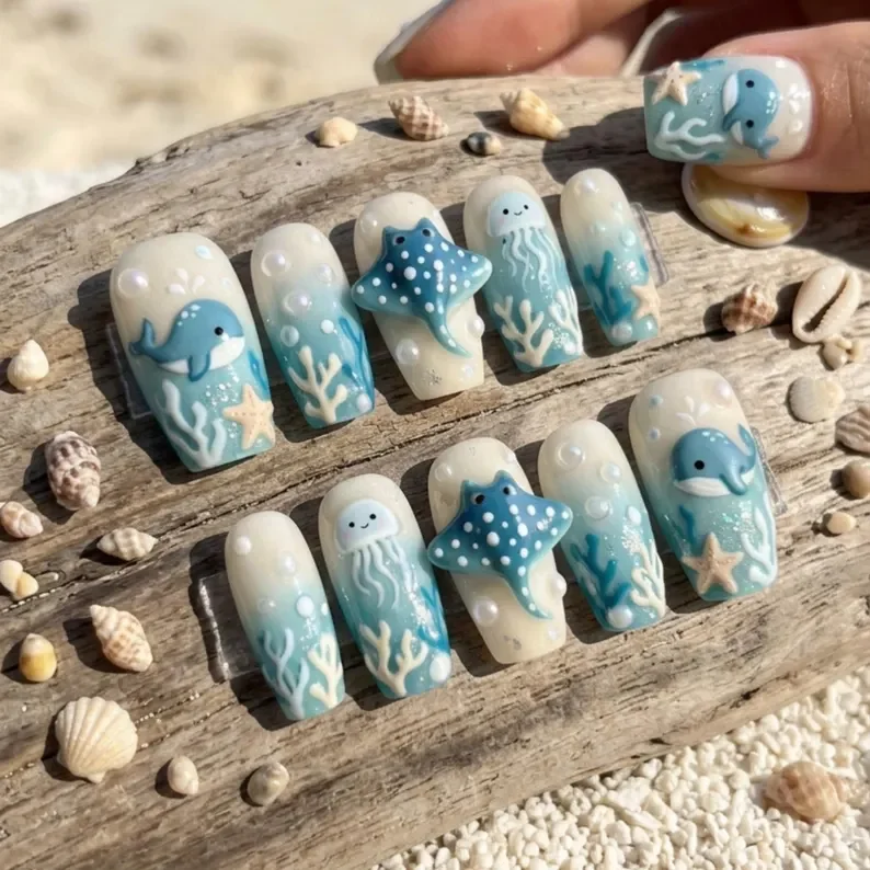 3D Kawaii nails, Under the sea, press on nails, custom press on nails, fake nails, Nails Art, stained glass nails, gold press on nails, 3d press on nails, luxury press on nails, handmade press on nails
