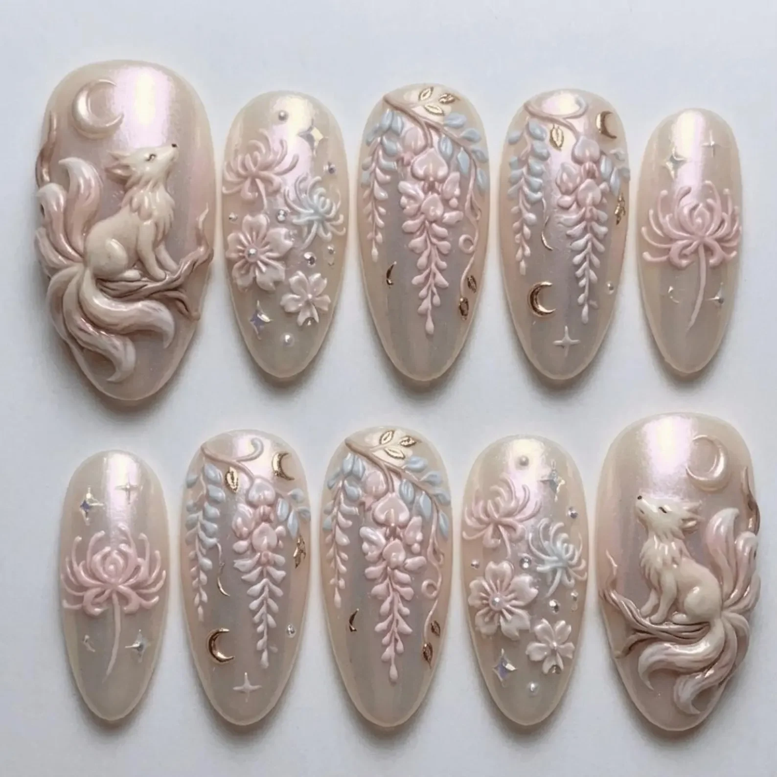 3D Kitsune Nails, Nine-Tailed Fox, press on nails, custom press on nails, fake nails, Nails Art, stained glass nails, gold press on nails, 3d press on nails, luxury press on nails, handmade press on nails