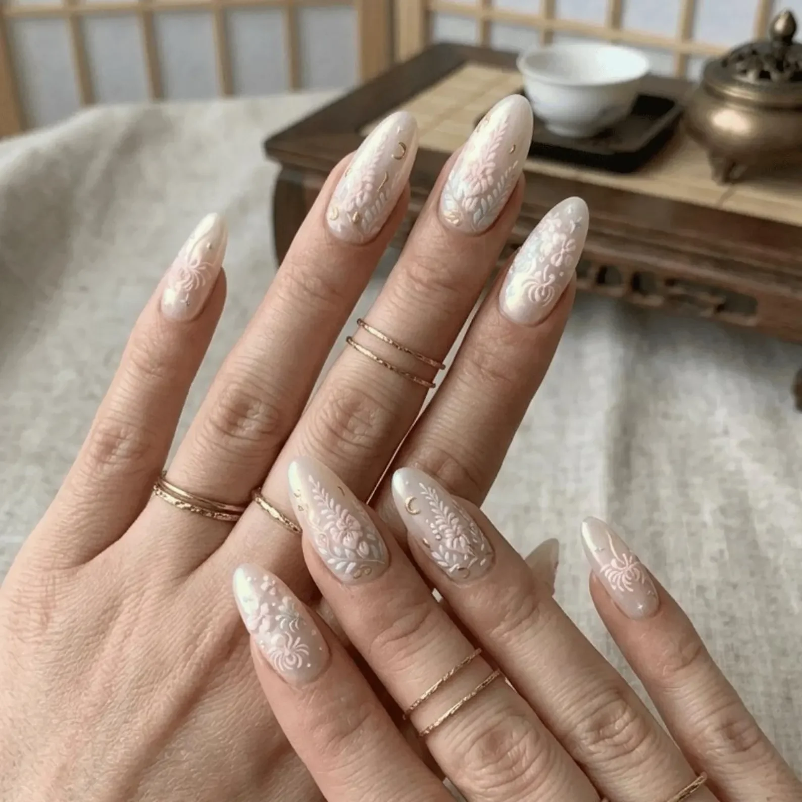 Iridescent Floral, 3D Kitsune Nails, press on nails, custom press on nails, fake nails, Nails Art, stained glass nails, gold press on nails, 3d press on nails, luxury press on nails, handmade press on nails