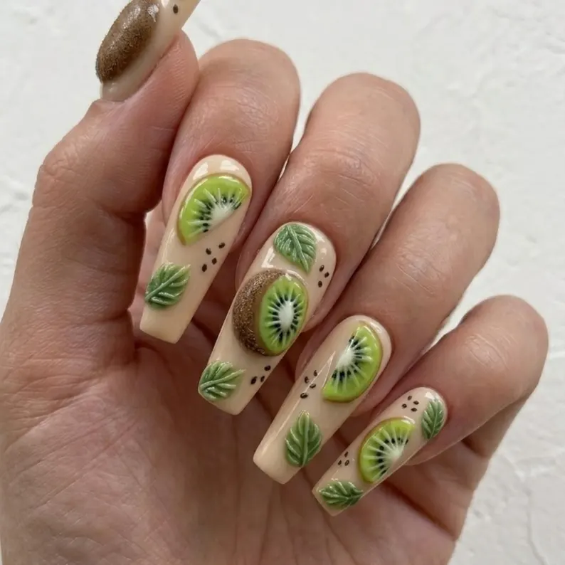 3D kiwi fruit, press on nails, custom press on nails, fake nails, Nails Art, stained glass nails, gold press on nails, 3d press on nails, luxury press on nails, handmade press on nails