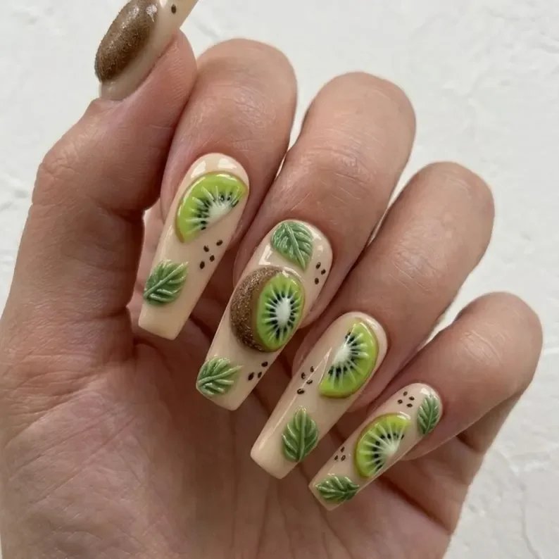3D kiwi fruit, press on nails, custom press on nails, fake nails, Nails Art, stained glass nails, gold press on nails, 3d press on nails, luxury press on nails, handmade press on nails