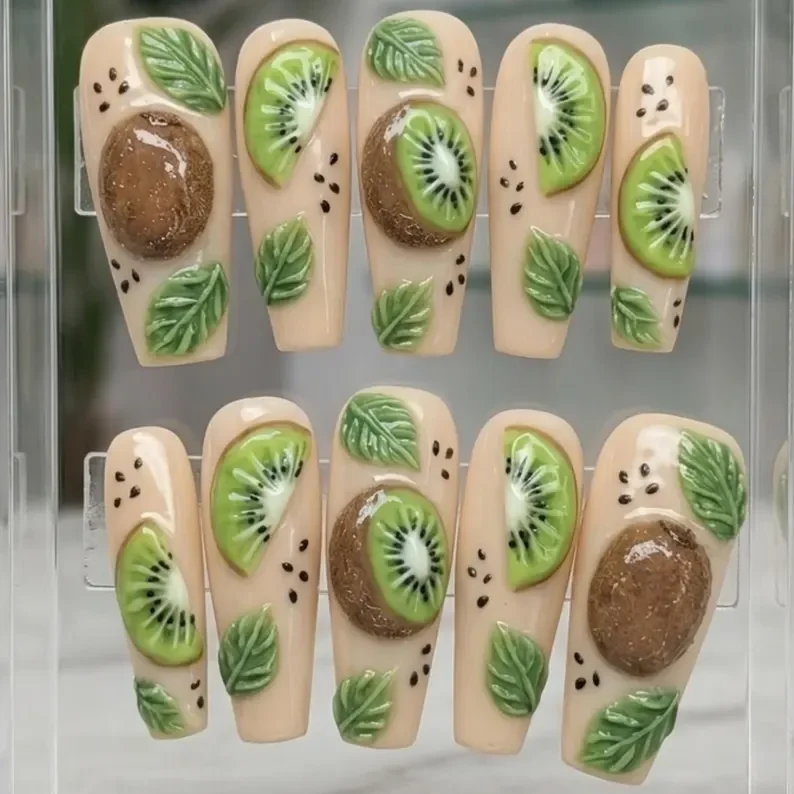 sculpted slice, leaf nail art, press on nails, custom press on nails, fake nails, Nails Art, stained glass nails, gold press on nails, 3d press on nails, luxury press on nails, handmade press on nails