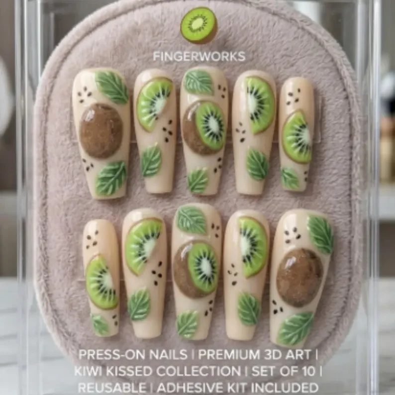 summer nails, kiwi nail design, press on nails, custom press on nails, fake nails, Nails Art, stained glass nails, gold press on nails, 3d press on nails, luxury press on nails, handmade press on nails