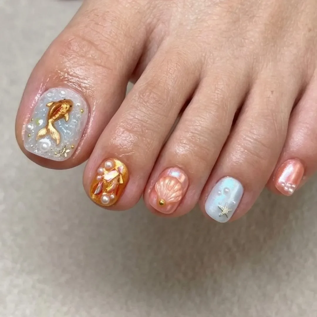 Mermaidcore Nails, Ocean Pearl Pedi, press on nails, custom press on nails, fake nails, Nails Art, stained glass nails, gold press on nails, 3d press on nails, luxury press on nails, handmade press on nails