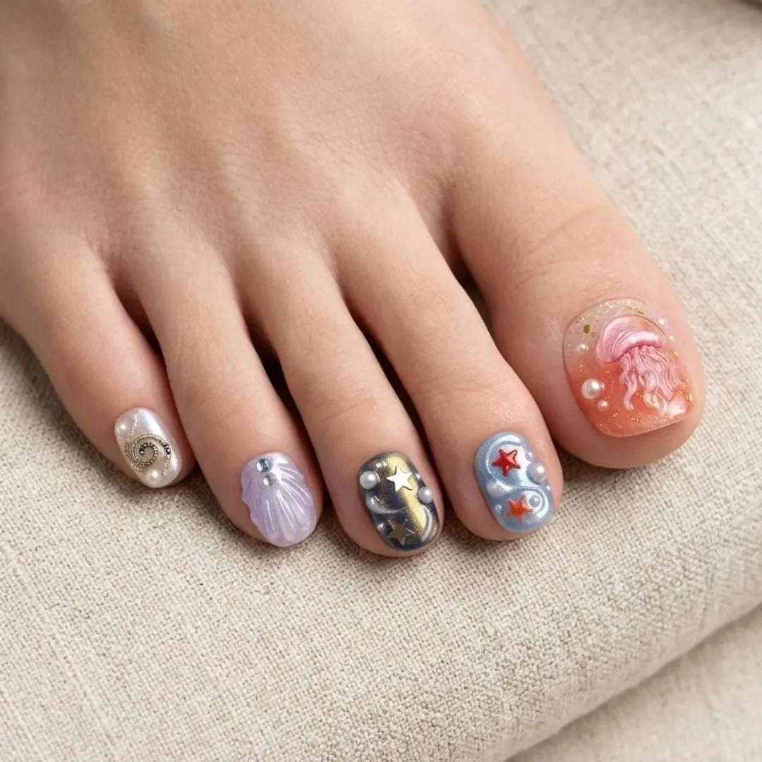 Whimsical Summer Nails, Press on Toes, press on nails, custom press on nails, fake nails, Nails Art, stained glass nails, gold press on nails, 3d press on nails, luxury press on nails, handmade press on nails