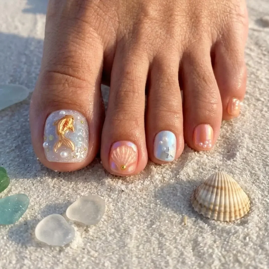 Ocean Pearl Manicure, Mermaidcore Ocean, press on nails, custom press on nails, fake nails, Nails Art, stained glass nails, gold press on nails, 3d press on nails, luxury press on nails, handmade press on nails