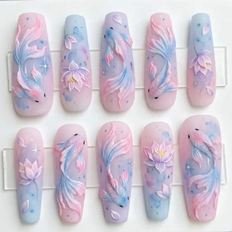 3D Koi Fish, Lotus press on, press on nails, custom press on nails, fake nails, Nails Art, stained glass nails, gold press on nails, 3d press on nails, luxury press on nails, handmade press on nails