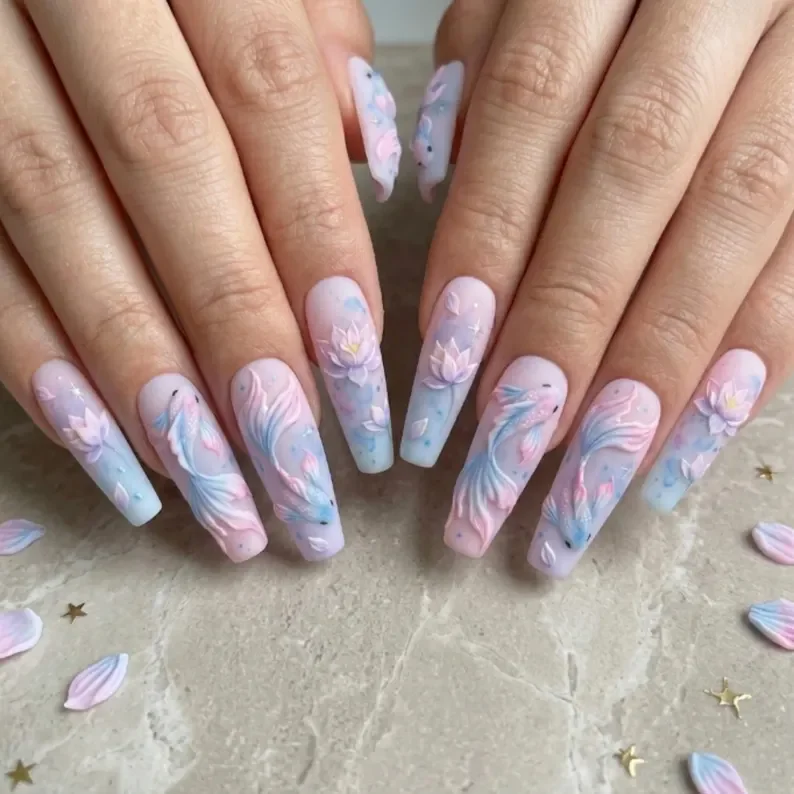 Press on nails, Koi fish nails, press on nails, custom press on nails, fake nails, Nails Art, stained glass nails, gold press on nails, 3d press on nails, luxury press on nails, handmade press on nails
