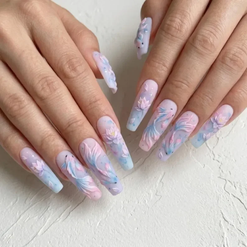 Lotus nail design, Ombre matte nails, press on nails, custom press on nails, fake nails, Nails Art, stained glass nails, gold press on nails, 3d press on nails, luxury press on nails, handmade press on nails