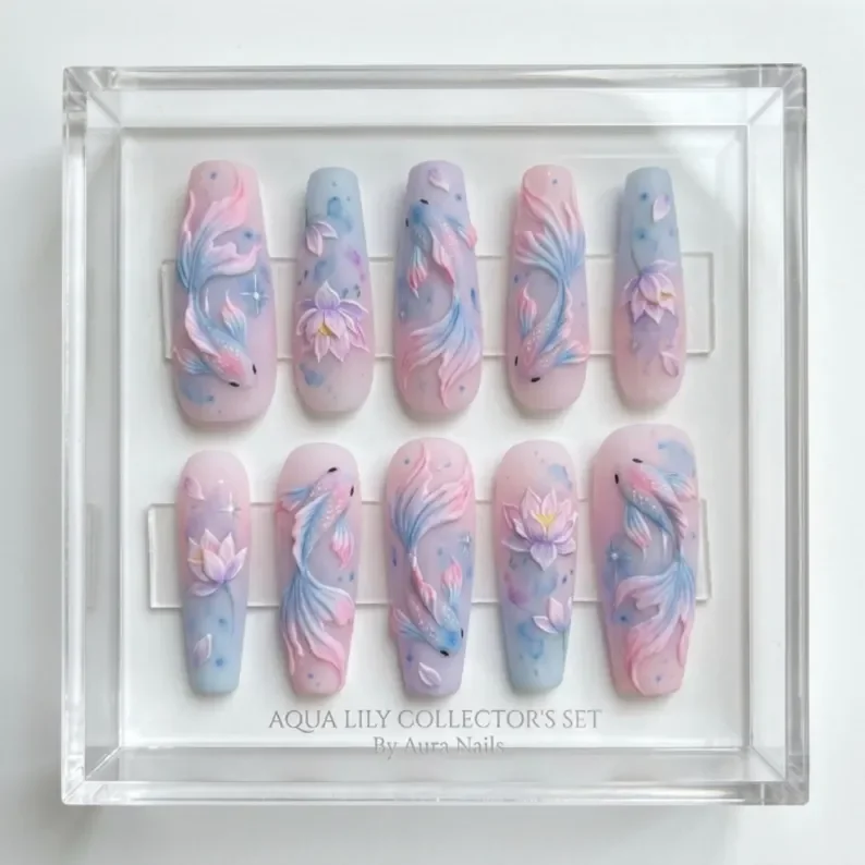 3D Koi Fish, Lotus press on, press on nails, custom press on nails, fake nails, Nails Art, stained glass nails, gold press on nails, 3d press on nails, luxury press on nails, handmade press on nails