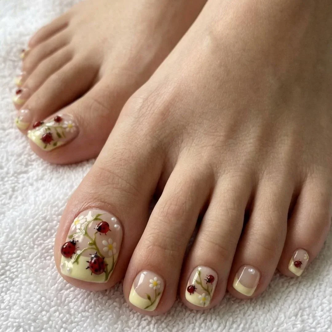 3D Ladybug nails, French tip toes, press on nails, custom press on nails, fake nails, Nails Art, stained glass nails, gold press on nails, 3d press on nails, luxury press on nails, handmade press on nails