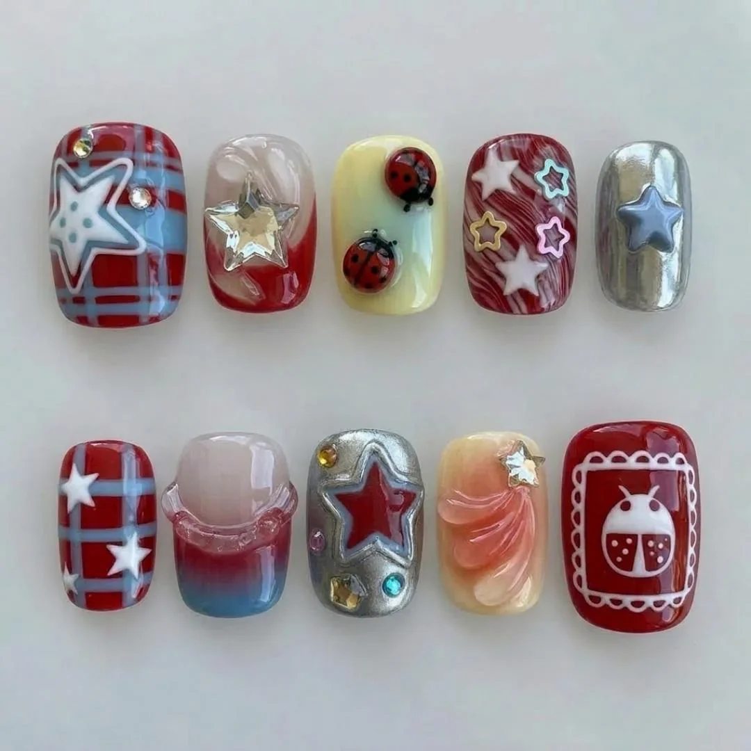 3D Ladybug, Star Press On, press on nails, custom press on nails, fake nails, Nails Art, stained glass nails, gold press on nails, 3d press on nails, luxury press on nails, handmade press on nails