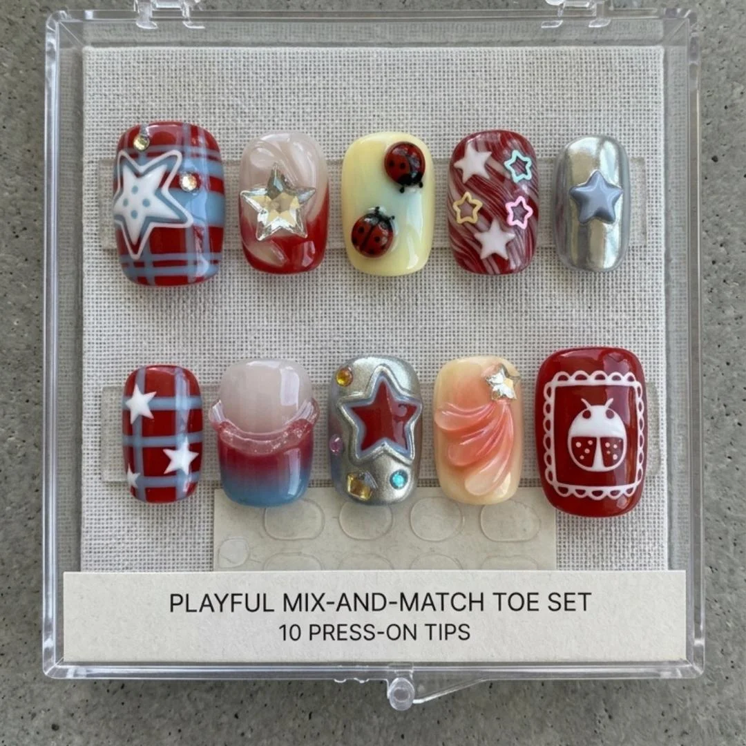 Plaid Toe Nails, Ladybug Chrome Nails, press on nails, custom press on nails, fake nails, Nails Art, stained glass nails, gold press on nails, 3d press on nails, luxury press on nails, handmade press on nails