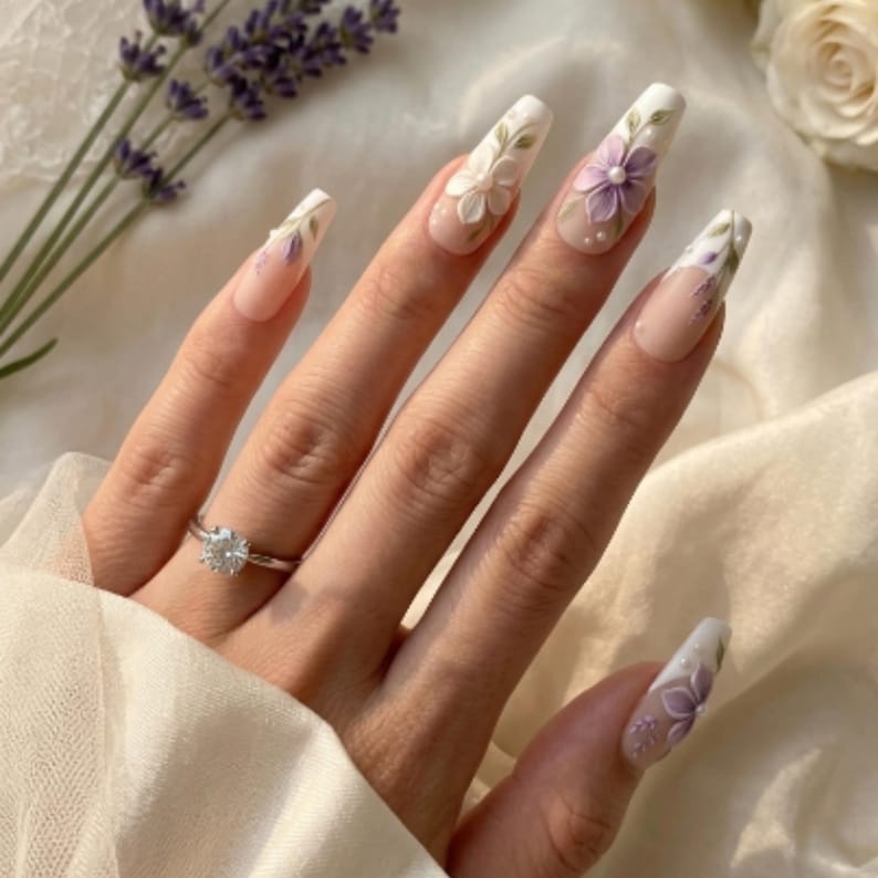 Bridal Press On, Sculpted Lilac Nails, press on nails, custom press on nails, fake nails, Nails Art, stained glass nails, gold press on nails, 3d press on nails, luxury press on nails, handmade press on nails