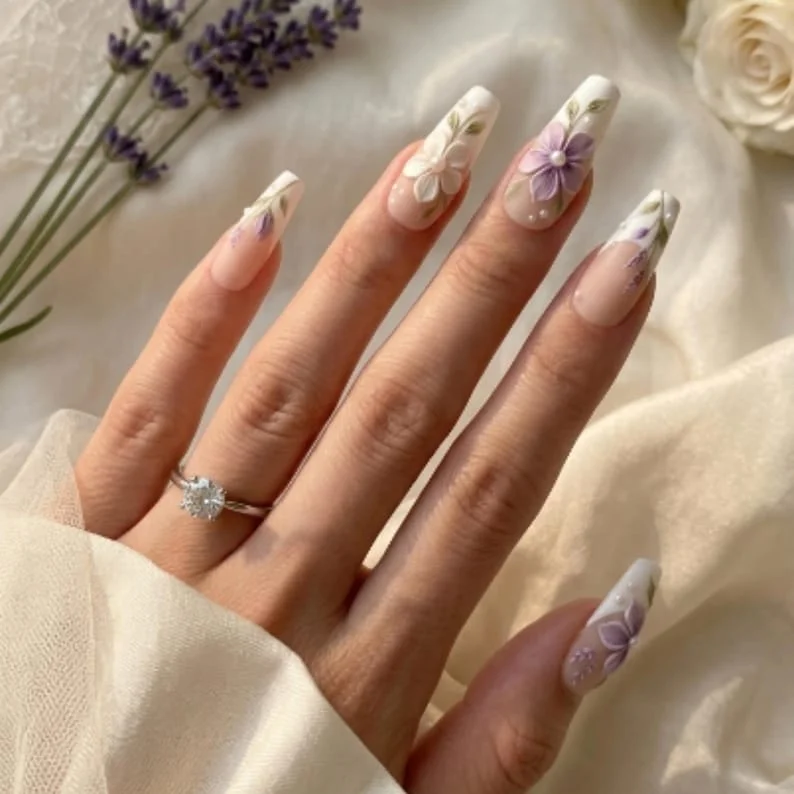 3D Lavender Nails, White Floral Nails, press on nails, custom press on nails, fake nails, Nails Art, stained glass nails, gold press on nails, 3d press on nails, luxury press on nails, handmade press on nails