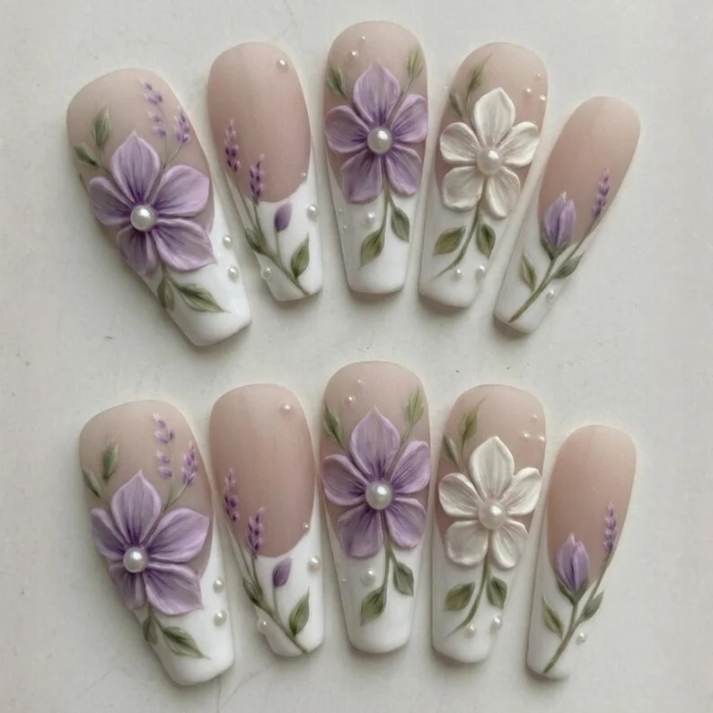 Bridal Press On, Sculpted Lilac Nails, press on nails, custom press on nails, fake nails, Nails Art, stained glass nails, gold press on nails, 3d press on nails, luxury press on nails, handmade press on nails