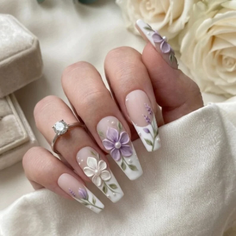 Wedding Pearl Nail, Lilac Wedding Nails, press on nails, custom press on nails, fake nails, Nails Art, stained glass nails, gold press on nails, 3d press on nails, luxury press on nails, handmade press on nails
