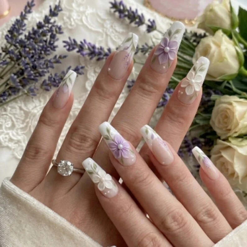 Floral Bridal Nails, 3D Pearl Nail Art, press on nails, custom press on nails, fake nails, Nails Art, stained glass nails, gold press on nails, 3d press on nails, luxury press on nails, handmade press on nails