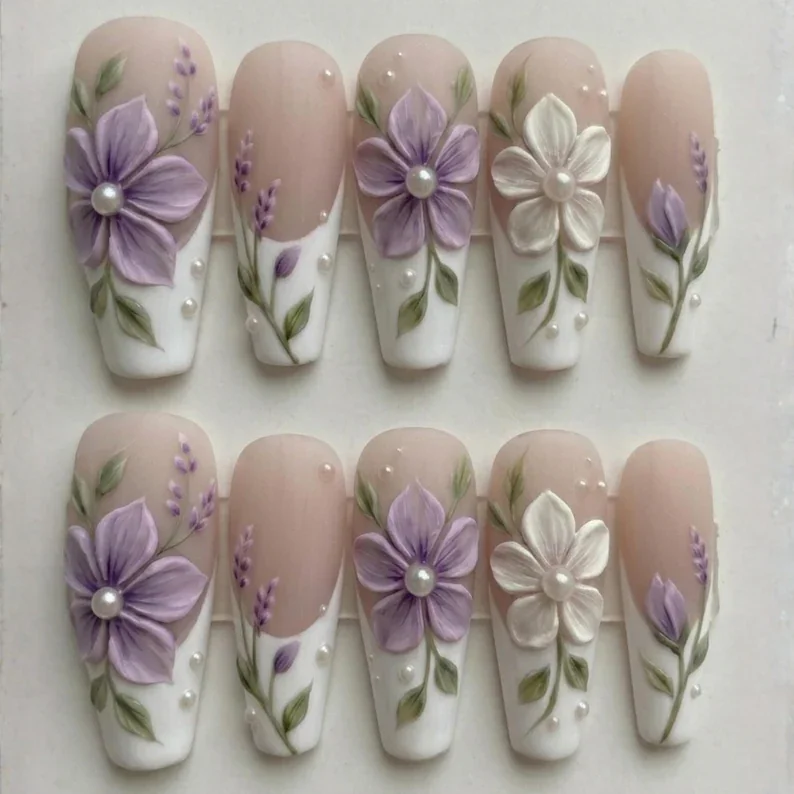 3D Lavender Nails, White Floral Nails, press on nails, custom press on nails, fake nails, Nails Art, stained glass nails, gold press on nails, 3d press on nails, luxury press on nails, handmade press on nails