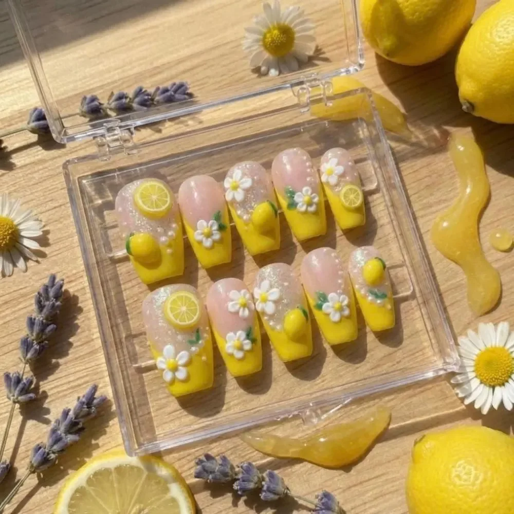 Yellow French Tips, Summer Fruit Nails, press on nails, custom press on nails, fake nails, Nails Art, stained glass nails, gold press on nails, 3d press on nails, luxury press on nails, handmade press on nails