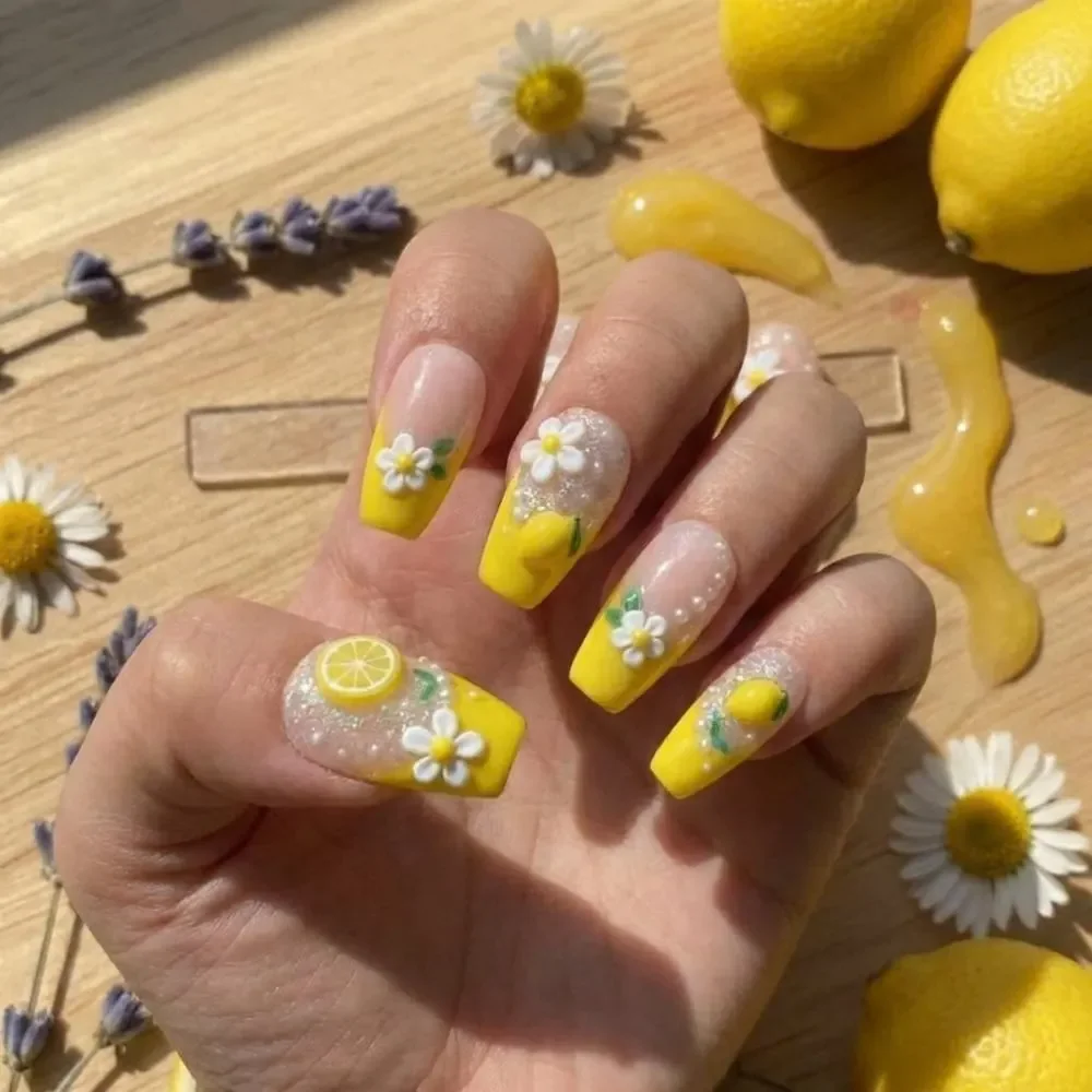 Mediterranean Nails, Lemon Daisy Design, press on nails, custom press on nails, fake nails, Nails Art, stained glass nails, gold press on nails, 3d press on nails, luxury press on nails, handmade press on nails