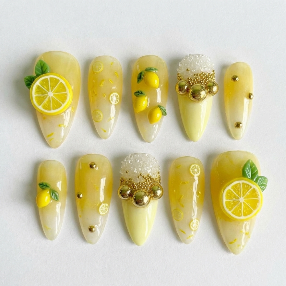 3D Lemon Nails, Press On Nails, press on nails, custom press on nails, fake nails, Nails Art, stained glass nails, gold press on nails, 3d press on nails, luxury press on nails, handmade press on nails
