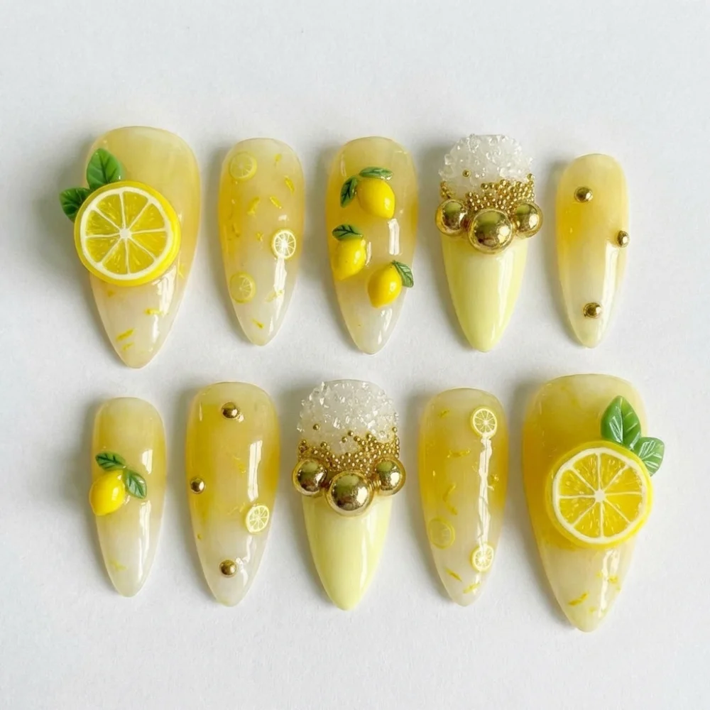 3D Lemon Nails, Press On Nails, press on nails, custom press on nails, fake nails, Nails Art, stained glass nails, gold press on nails, 3d press on nails, luxury press on nails, handmade press on nails