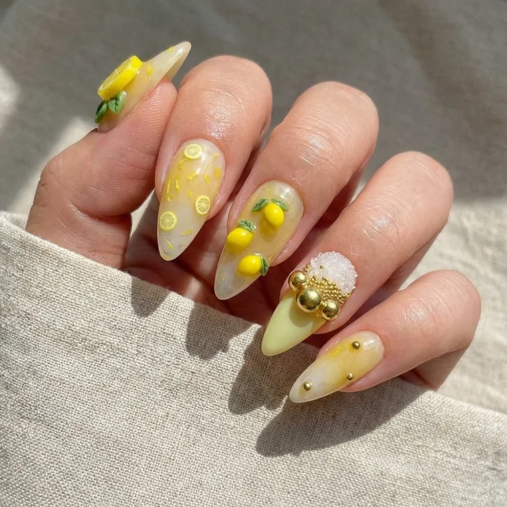 Luxury Nail Art, Mediterranean Citrus, press on nails, custom press on nails, fake nails, Nails Art, stained glass nails, gold press on nails, 3d press on nails, luxury press on nails, handmade press on nails