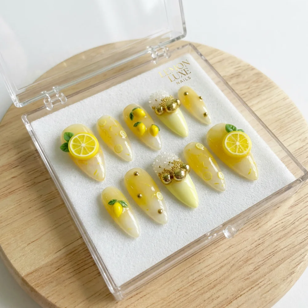 Handmade Summer Nails, Yellow Lemonade Nails, press on nails, custom press on nails, fake nails, Nails Art, stained glass nails, gold press on nails, 3d press on nails, luxury press on nails, handmade press on nails