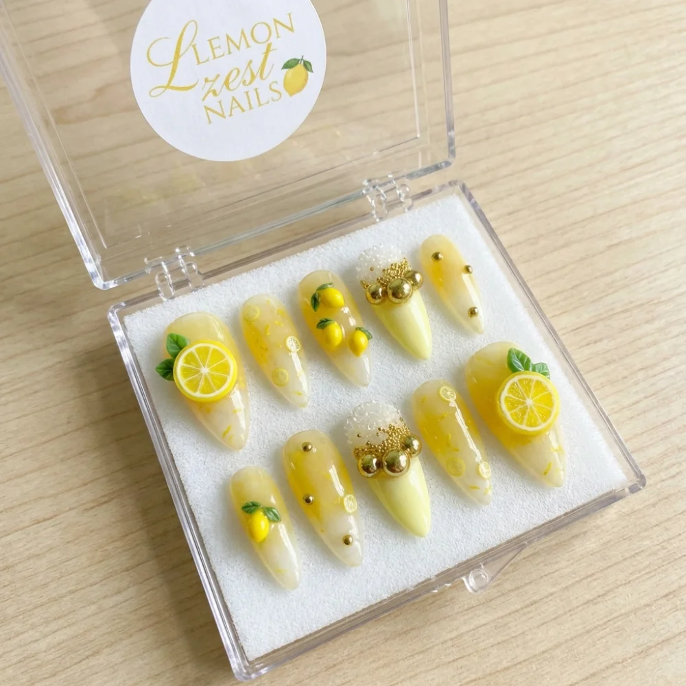 Fruit Glue Nails, Amalfi Coast Aesthetic, press on nails, custom press on nails, fake nails, Nails Art, stained glass nails, gold press on nails, 3d press on nails, luxury press on nails, handmade press on nails