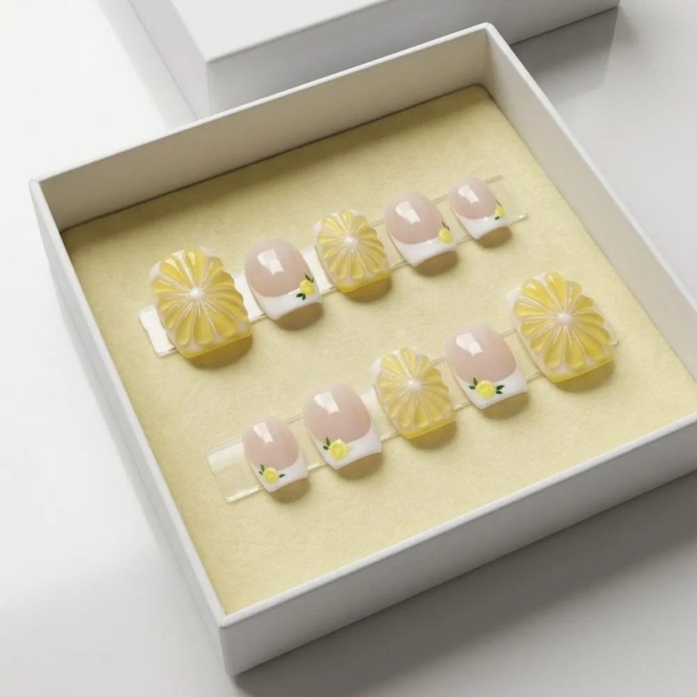 Summer Vacation Nails, Lemon Slice Nails, press on nails, custom press on nails, fake nails, Nails Art, stained glass nails, gold press on nails, 3d press on nails, luxury press on nails, handmade press on nails