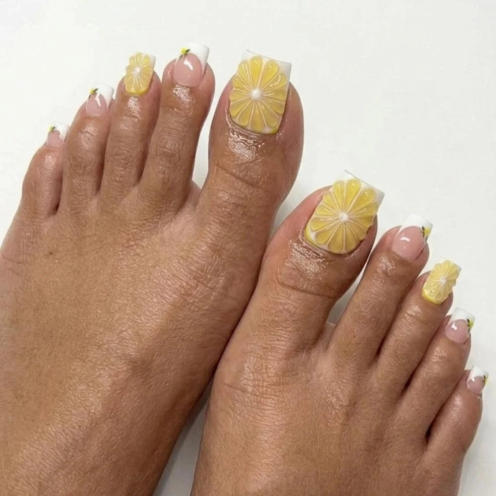 Toes French Pedicure, Yellow Summer Nails, press on nails, custom press on nails, fake nails, Nails Art, stained glass nails, gold press on nails, 3d press on nails, luxury press on nails, handmade press on nails