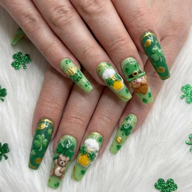 press on nails, kawaii shamrock, custom press on nails, fake nails, Nails Art, stained glass nails, gold press on nails, 3d press on nails, luxury press on nails, handmade press on nails