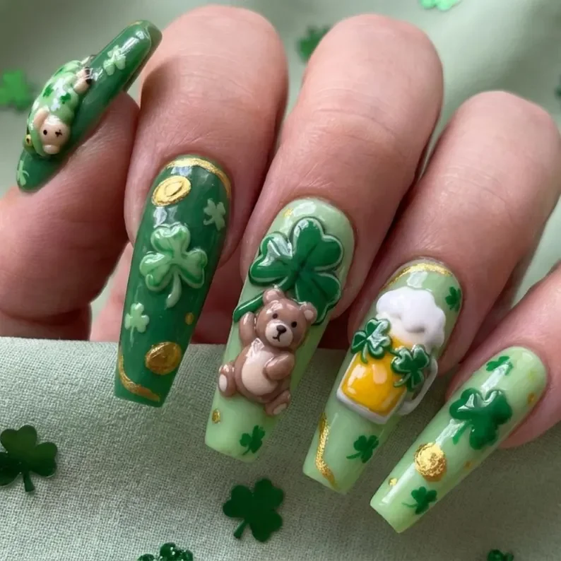 3D Leprechaun nails, St. Patrick’s Day, press on nails, custom press on nails, fake nails, Nails Art, stained glass nails, gold press on nails, 3d press on nails, luxury press on nails, handmade press on nails