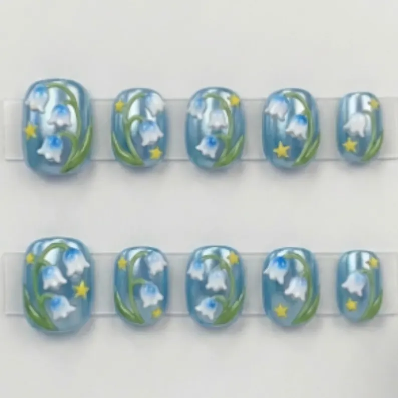 Blue Chrome Nails, Floral Art Nails, press on nails, custom press on nails, fake nails, Nails Art, stained glass nails, gold press on nails, 3d press on nails, luxury press on nails, handmade press on nails
