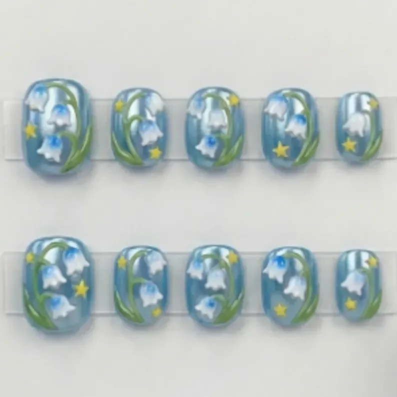 3D Lily of the Valley, Press On Nails, press on nails, custom press on nails, fake nails, Nails Art, stained glass nails, gold press on nails, 3d press on nails, luxury press on nails, handmade press on nails